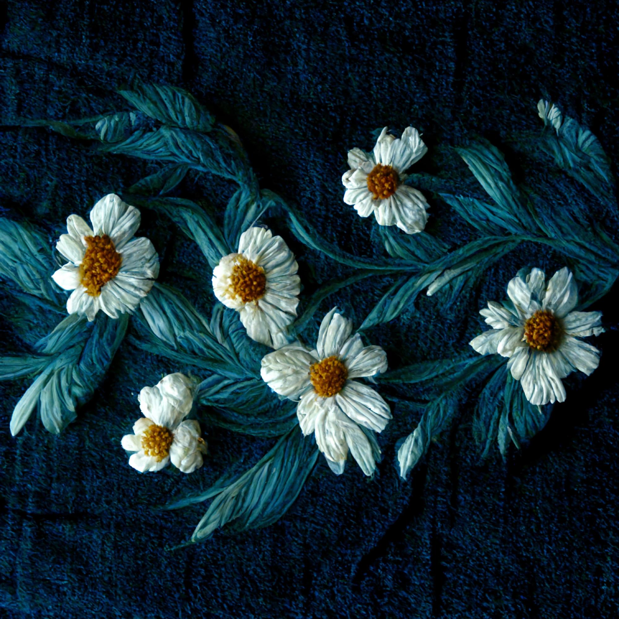 close-up of embroidered floral patch on denim